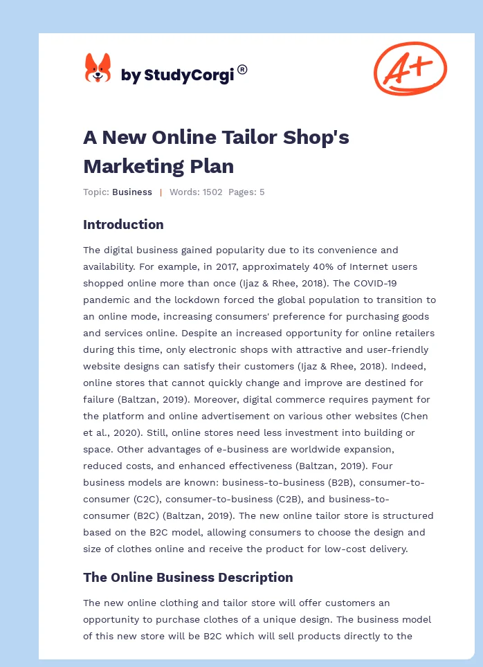 A New Online Tailor Shop's Marketing Plan. Page 1