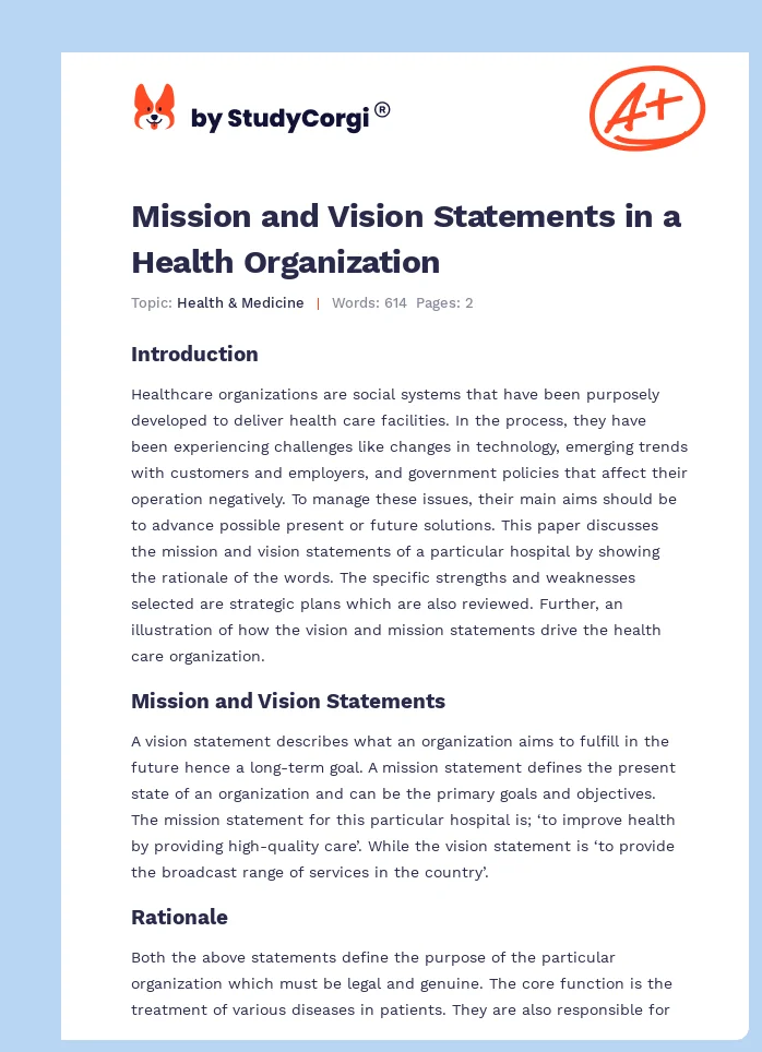 Mission and Vision Statements in a Health Organization. Page 1