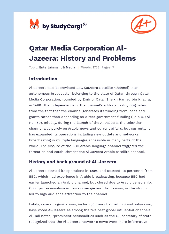 Qatar Media Corporation Al-Jazeera: History and Problems. Page 1