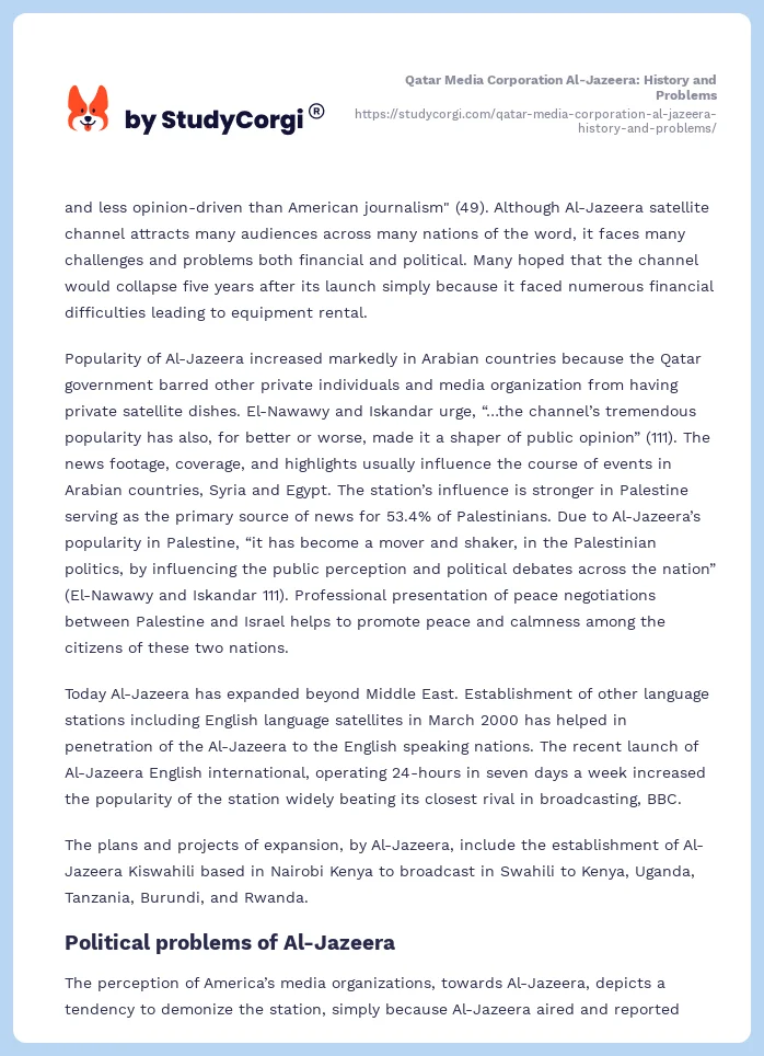 Qatar Media Corporation Al-Jazeera: History and Problems. Page 2