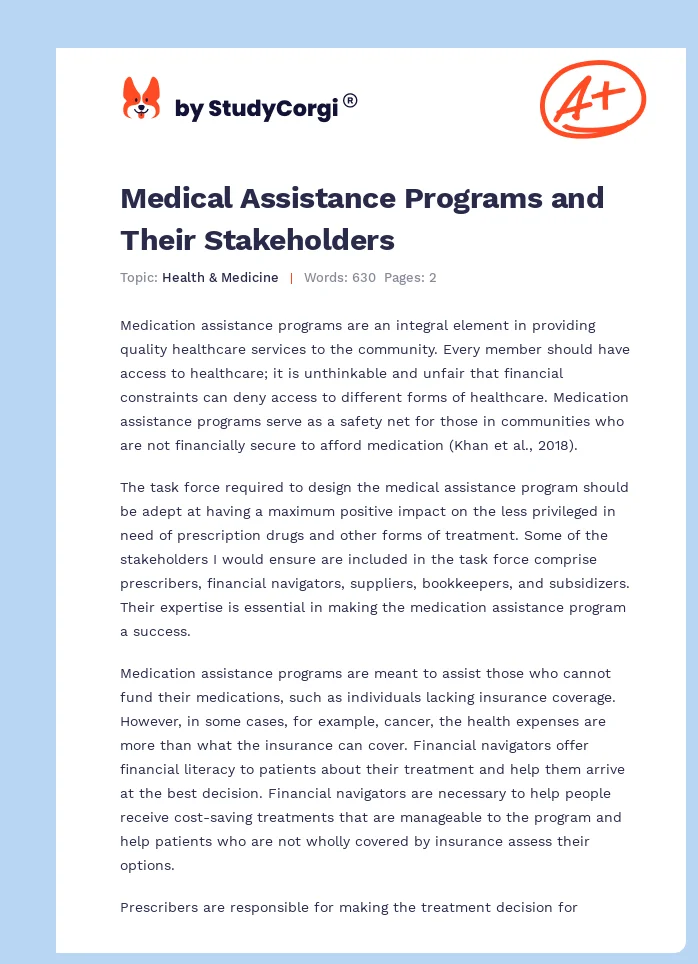 Medical Assistance Programs and Their Stakeholders. Page 1