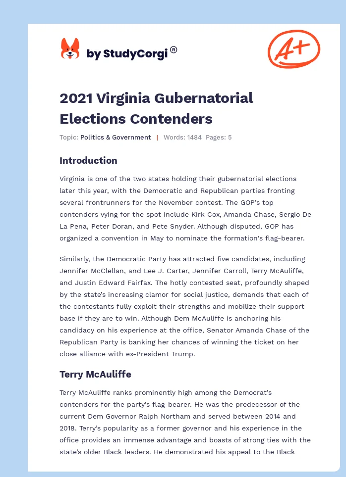 2021 Virginia Gubernatorial Elections Contenders. Page 1