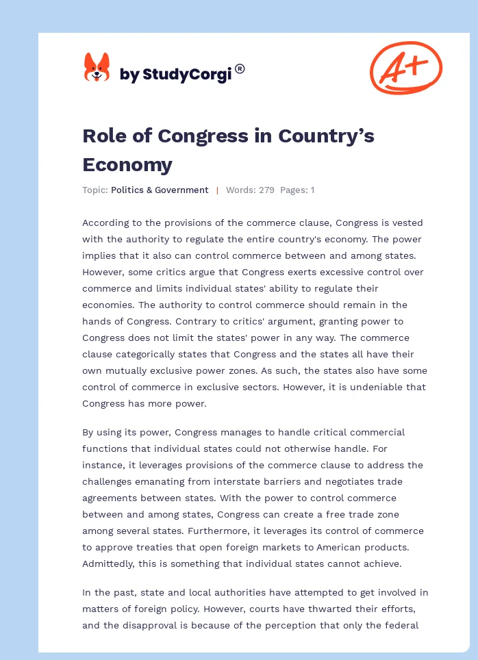 Role of Congress in Country’s Economy. Page 1