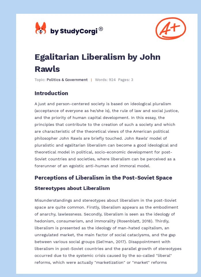 Egalitarian Liberalism by John Rawls. Page 1