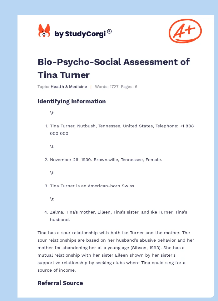 Bio-Psycho-Social Assessment of Tina Turner. Page 1