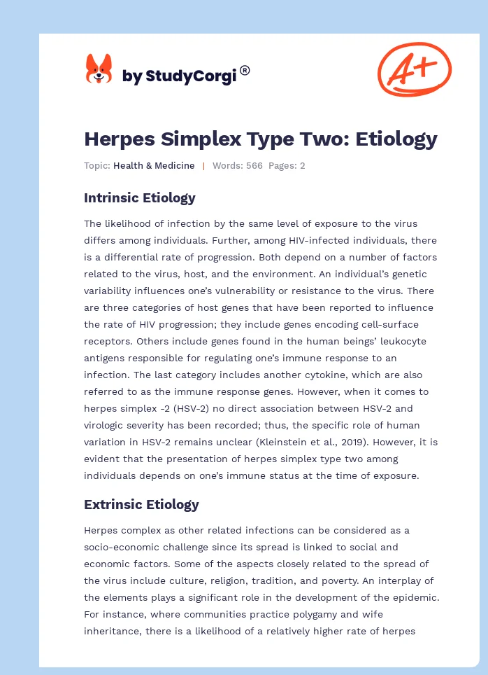 Herpes Simplex Type Two: Etiology. Page 1