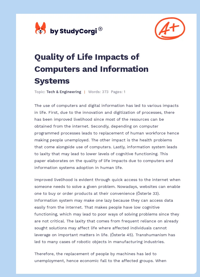 Quality of Life Impacts of Computers and Information Systems. Page 1