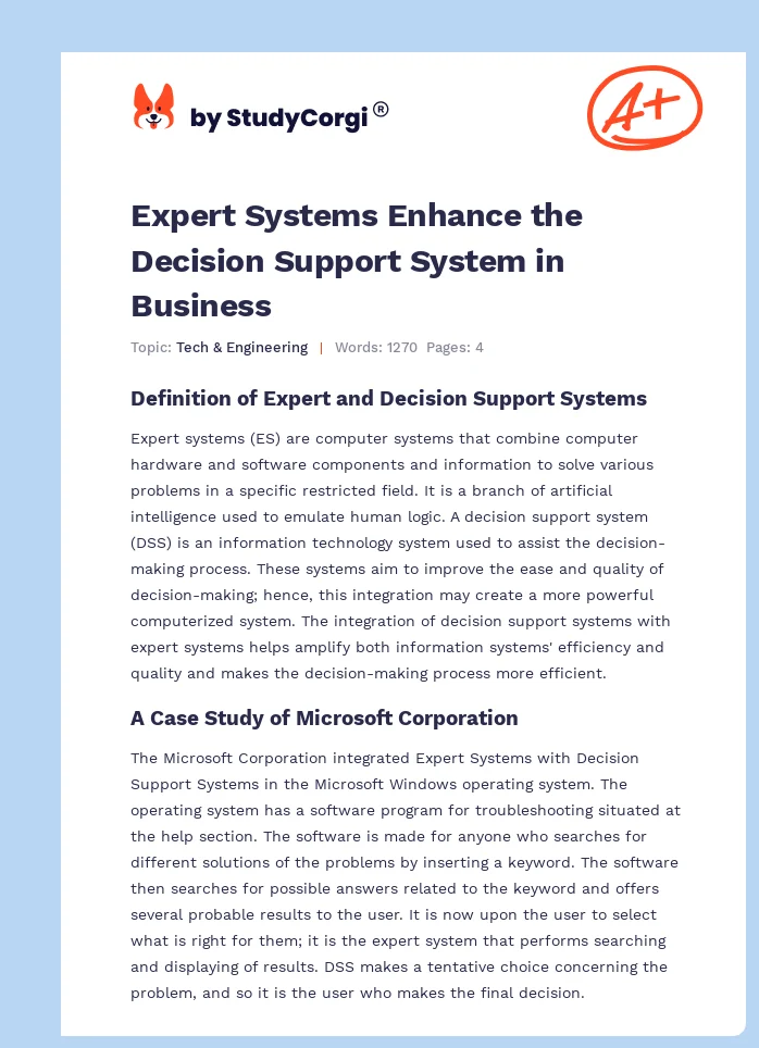Expert Systems Enhance the Decision Support System in Business. Page 1