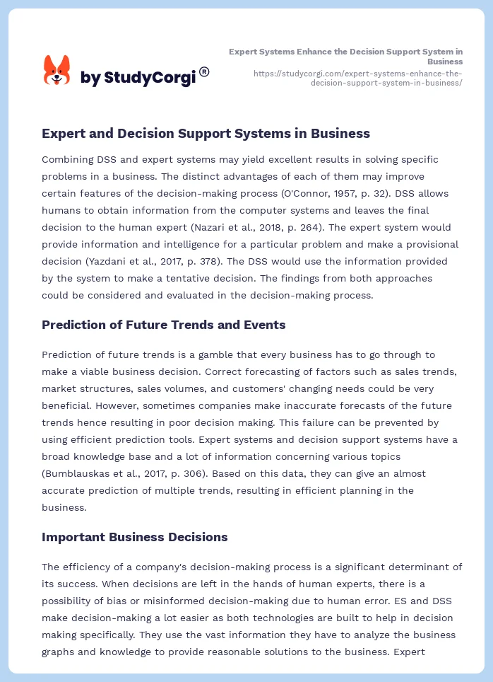 Expert Systems Enhance the Decision Support System in Business. Page 2