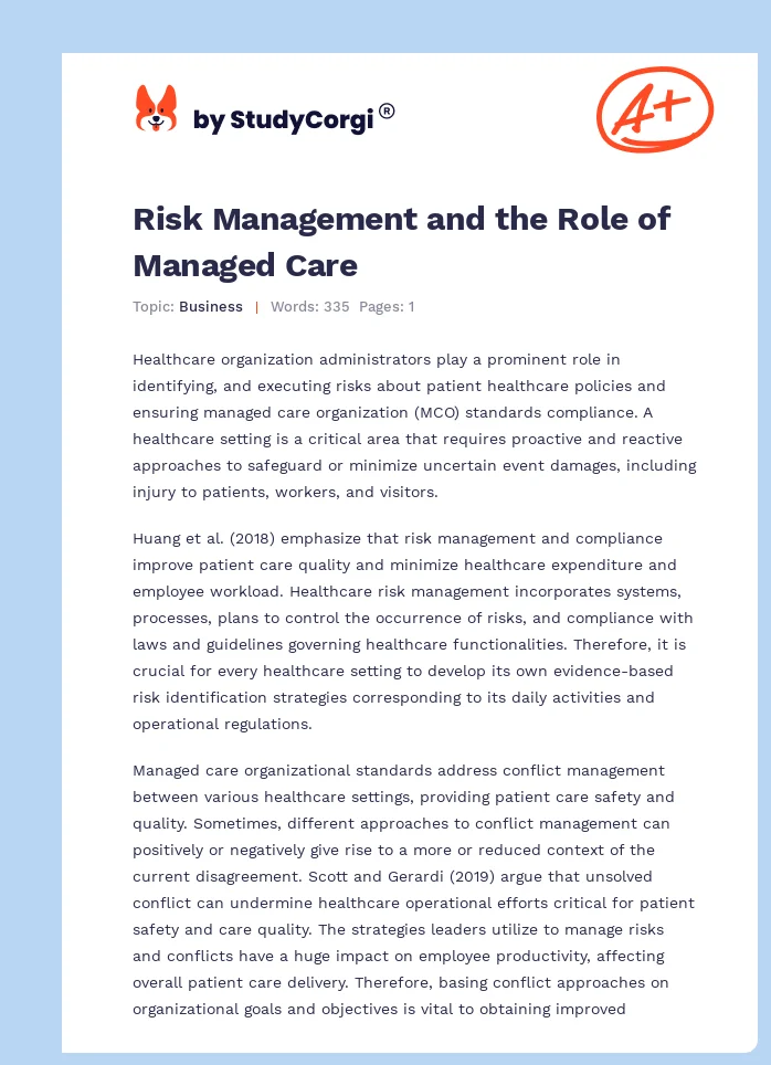 Risk Management and the Role of Managed Care. Page 1