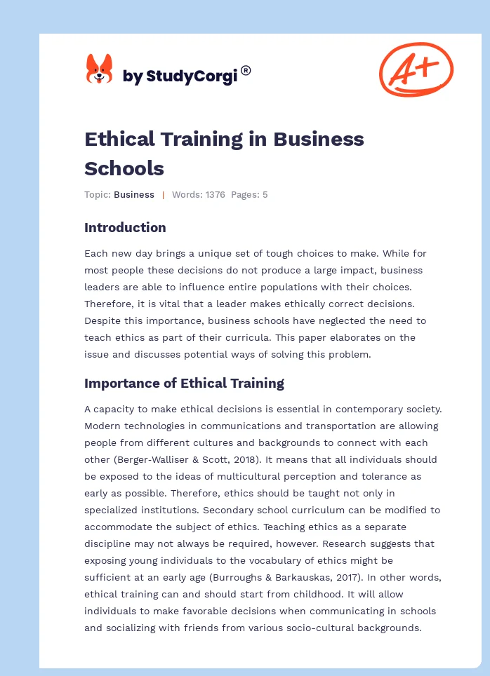 Ethical Training in Business Schools. Page 1