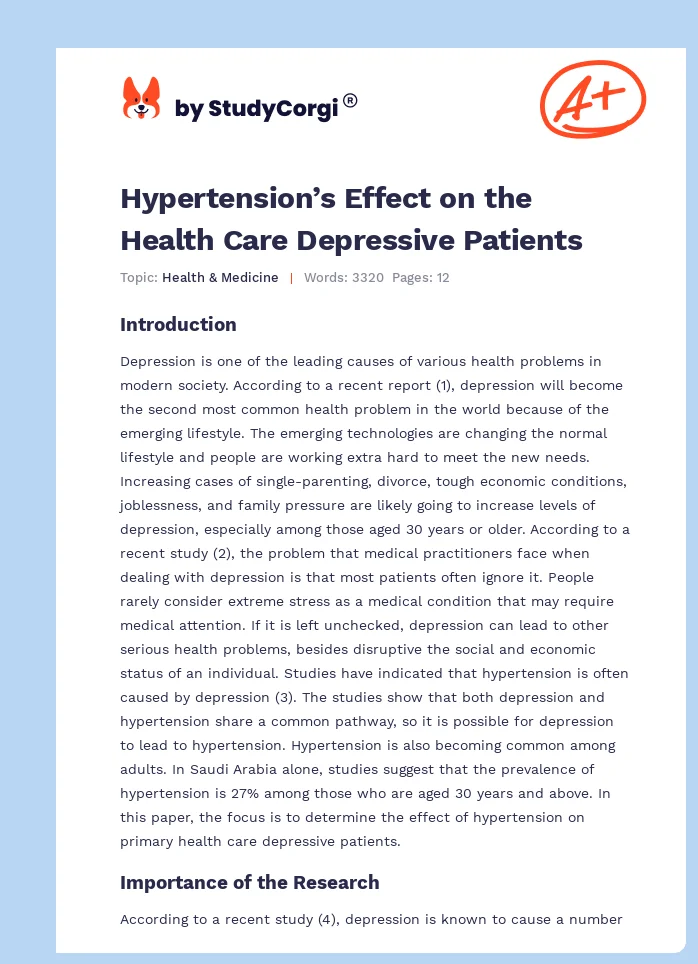 Hypertension’s Effect on the Health Care Depressive Patients. Page 1