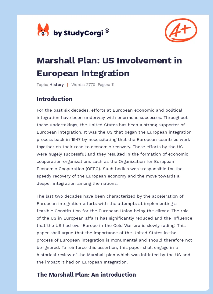 Marshall Plan: US Involvement in European Integration. Page 1