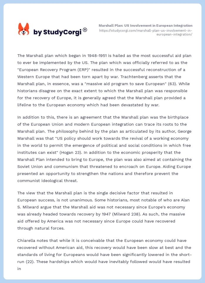 Marshall Plan: US Involvement in European Integration. Page 2
