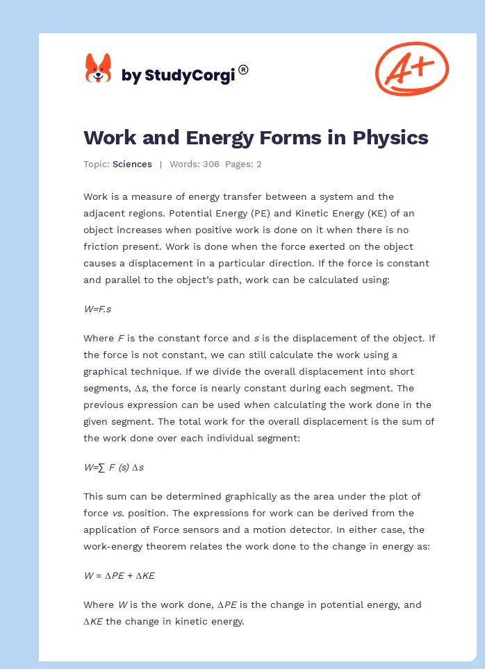 Work and Energy Forms in Physics. Page 1