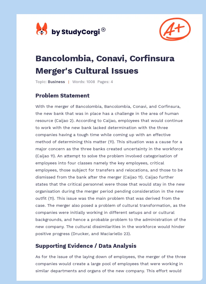 Bancolombia, Conavi, Corfinsura Merger's Cultural Issues. Page 1