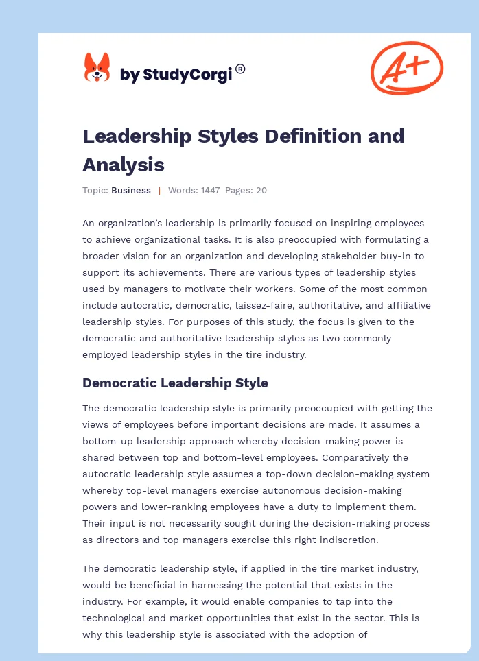 Leadership Styles Definition and Analysis. Page 1