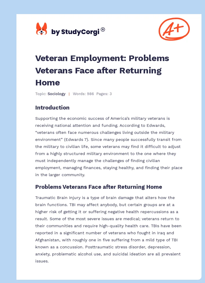 Veteran Employment: Problems Veterans Face after Returning Home. Page 1