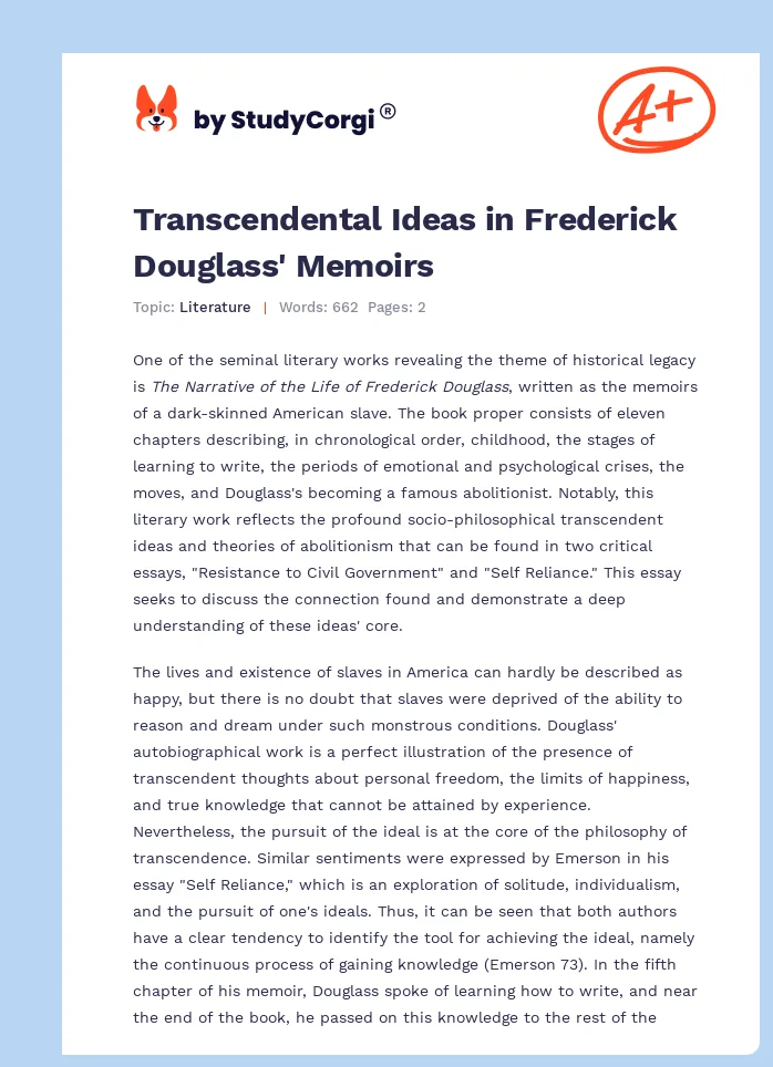 Transcendental Ideas in Frederick Douglass' Memoirs. Page 1