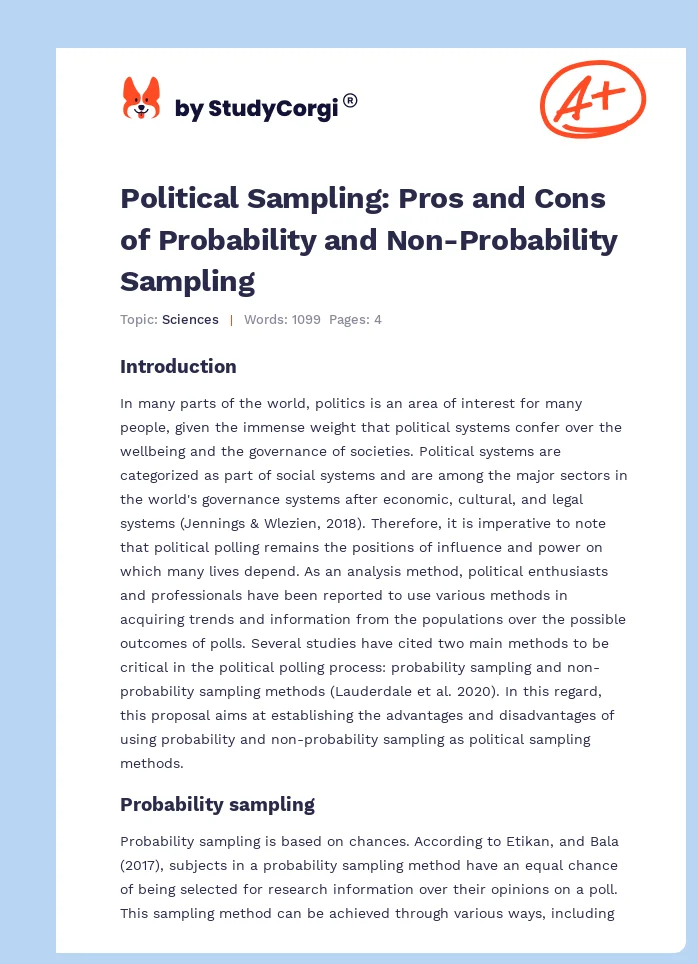 Political Sampling: Pros and Cons of Probability and Non-Probability Sampling. Page 1