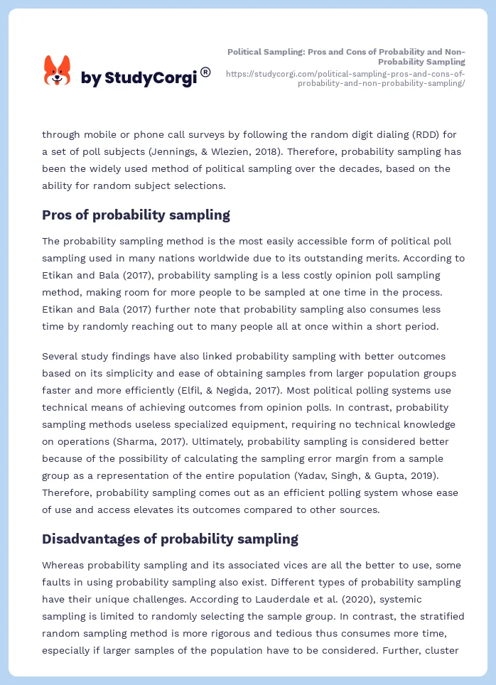 Political Sampling: Pros and Cons of Probability and Non-Probability Sampling. Page 2