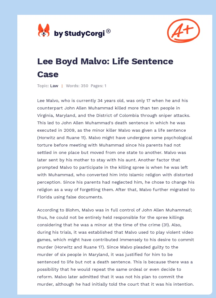 Lee Boyd Malvo: Life Sentence Case. Page 1
