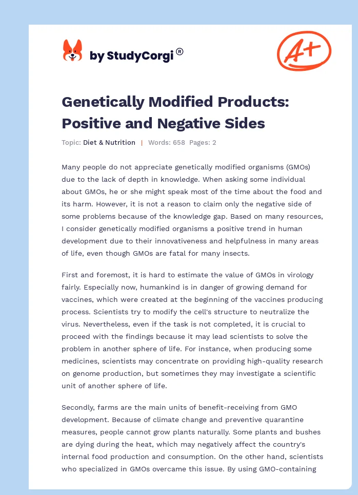 Genetically Modified Products: Positive and Negative Sides. Page 1