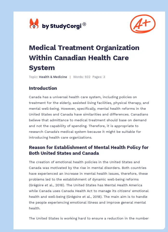 Medical Treatment Organization Within Canadian Health Care System. Page 1