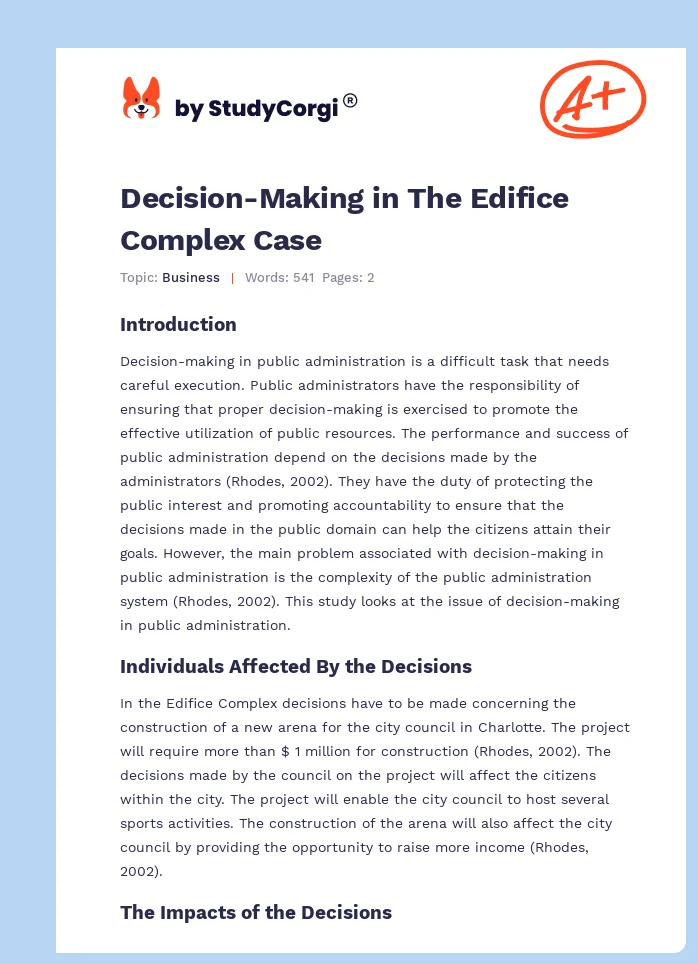 Decision-Making in The Edifice Complex Case. Page 1
