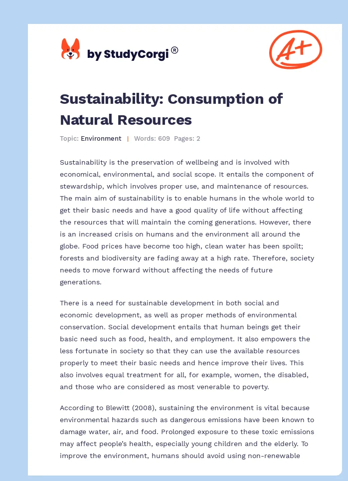 Sustainability: Consumption of Natural Resources. Page 1