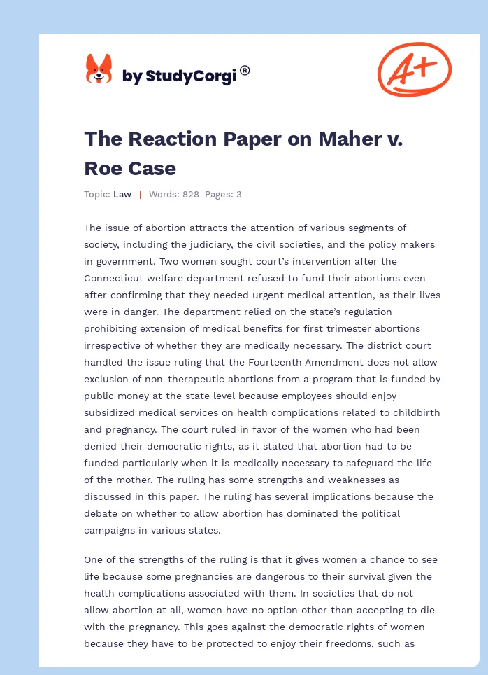 The Reaction Paper on Maher v. Roe Case. Page 1
