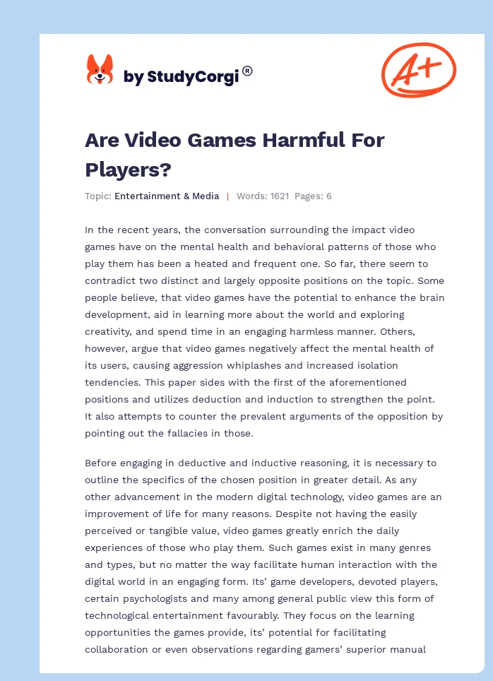 Are Video Games Harmful For Players?. Page 1