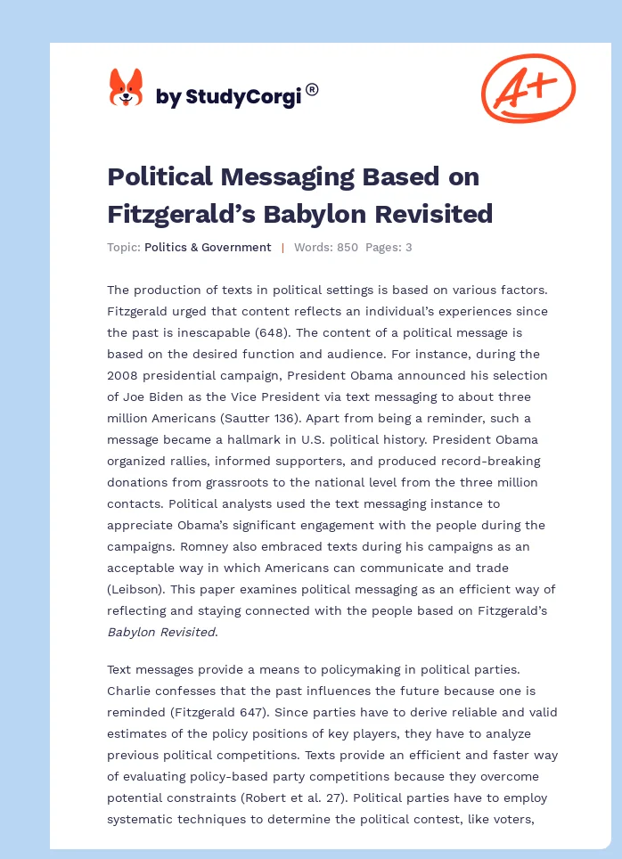 Political Messaging Based on Fitzgerald’s Babylon Revisited. Page 1