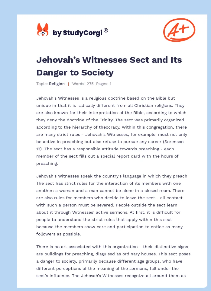 Jehovah’s Witnesses Sect and Its Danger to Society. Page 1