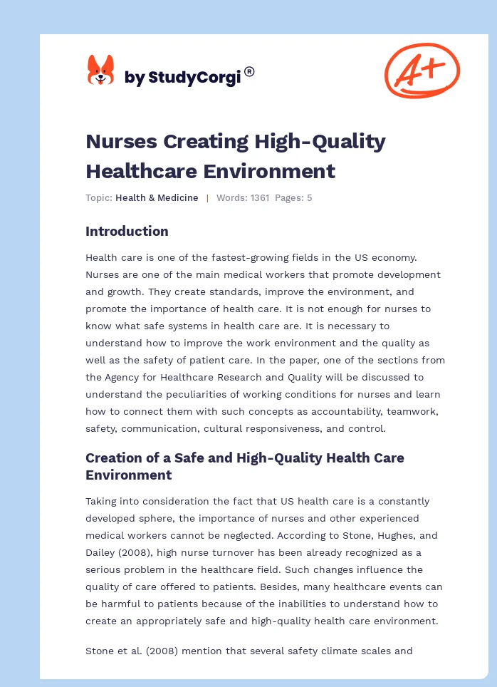 Nurses Creating High-Quality Healthcare Environment. Page 1