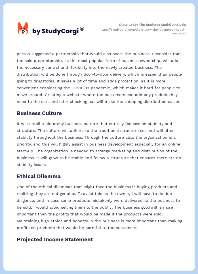 Glow Lady: The Business Model Analysis. Page 2
