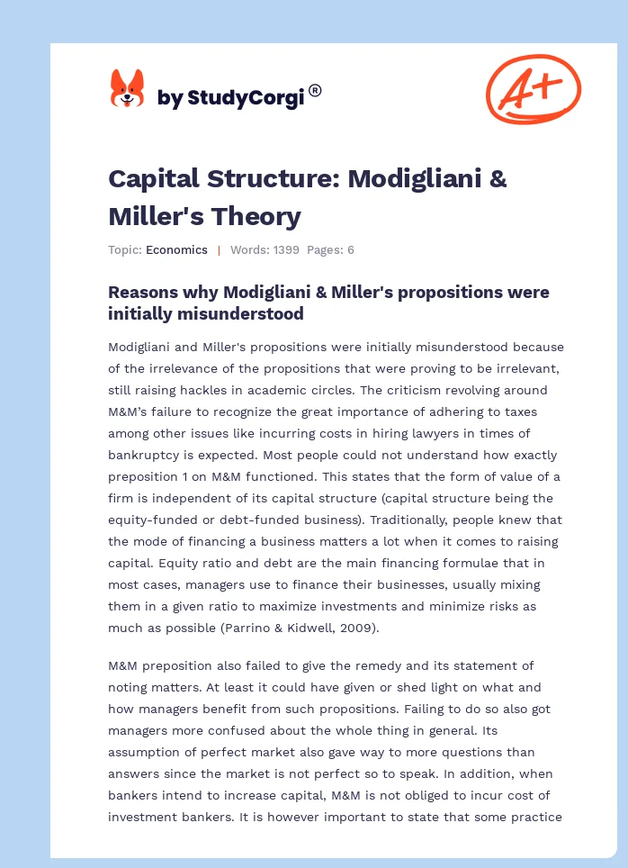 Capital Structure: Modigliani & Miller's Theory. Page 1