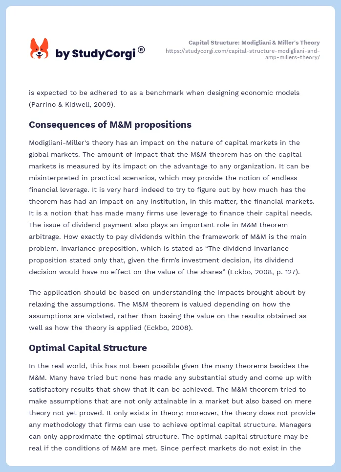 Capital Structure: Modigliani & Miller's Theory. Page 2