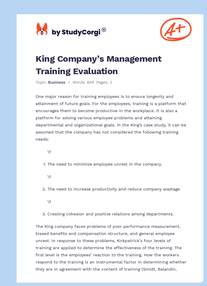 King Company’s Management Training Evaluation. Page 1