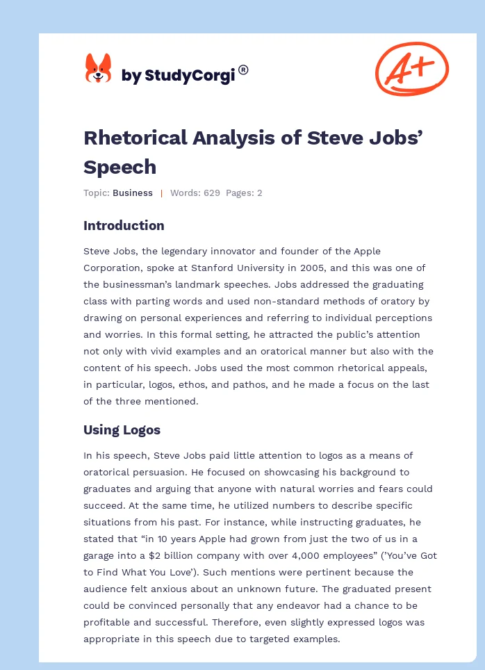 Rhetorical Analysis of Steve Jobs’ Speech. Page 1