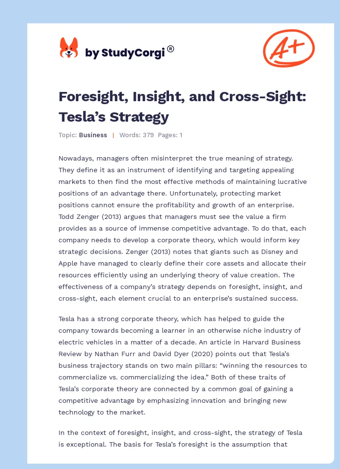 Foresight, Insight, and Cross-Sight: Tesla’s Strategy. Page 1