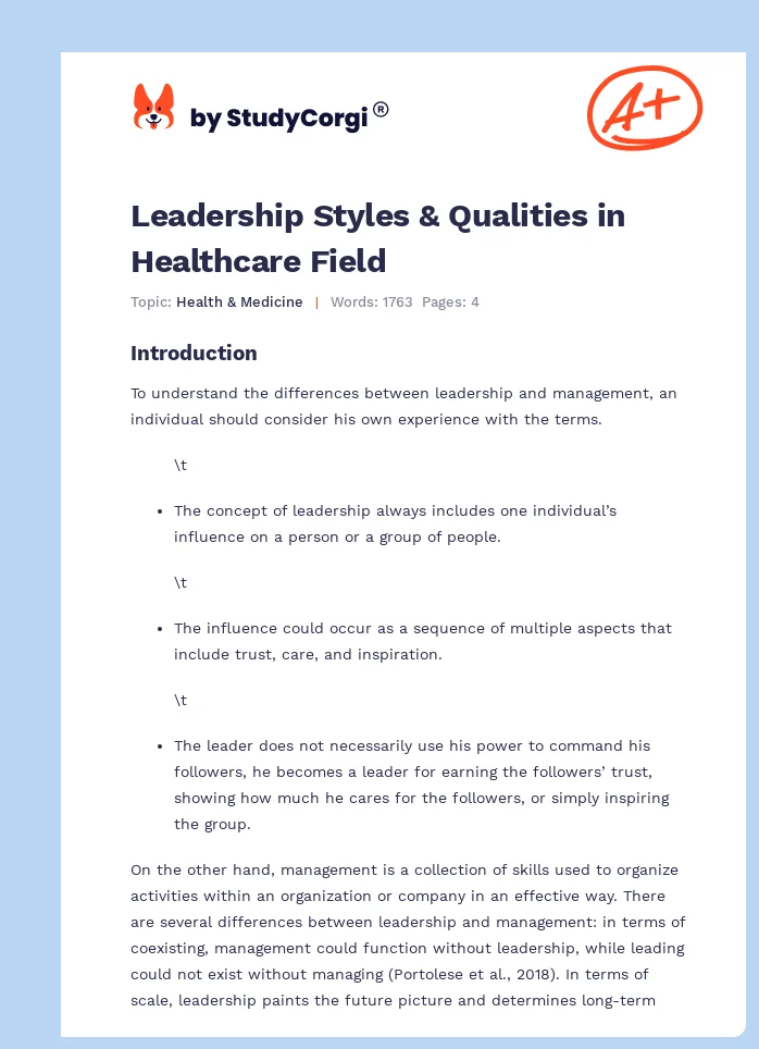 Leadership Styles & Qualities in Healthcare Field. Page 1