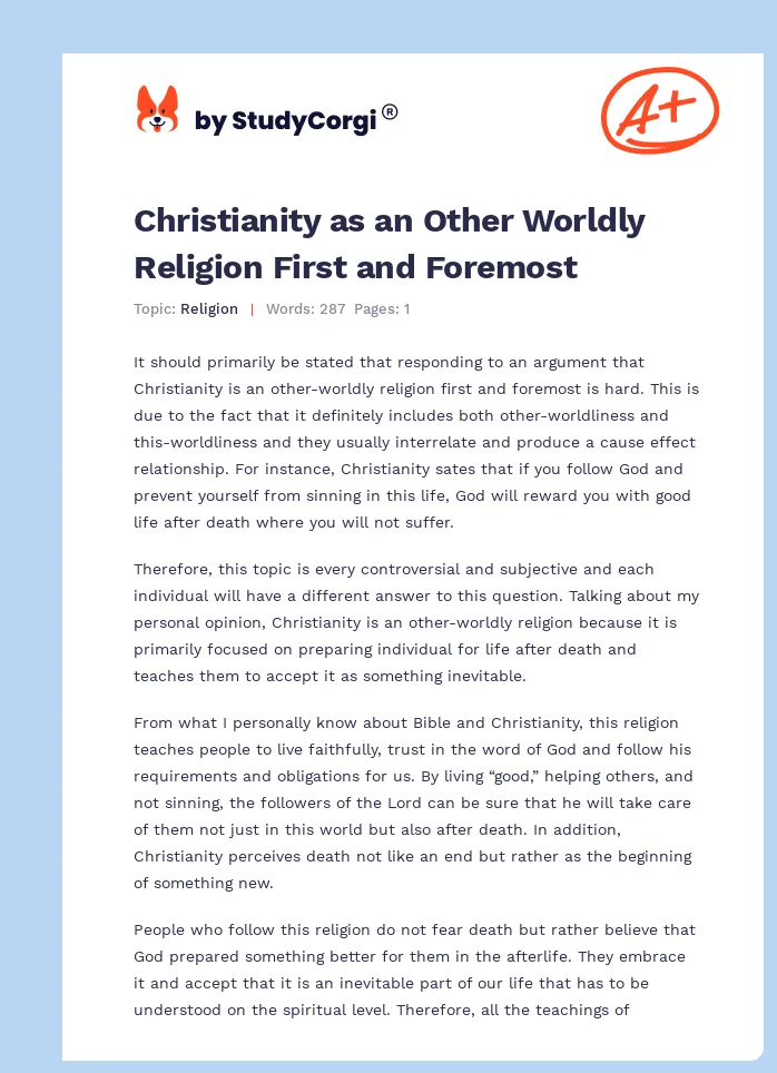 Christianity as an Other Worldly Religion First and Foremost. Page 1