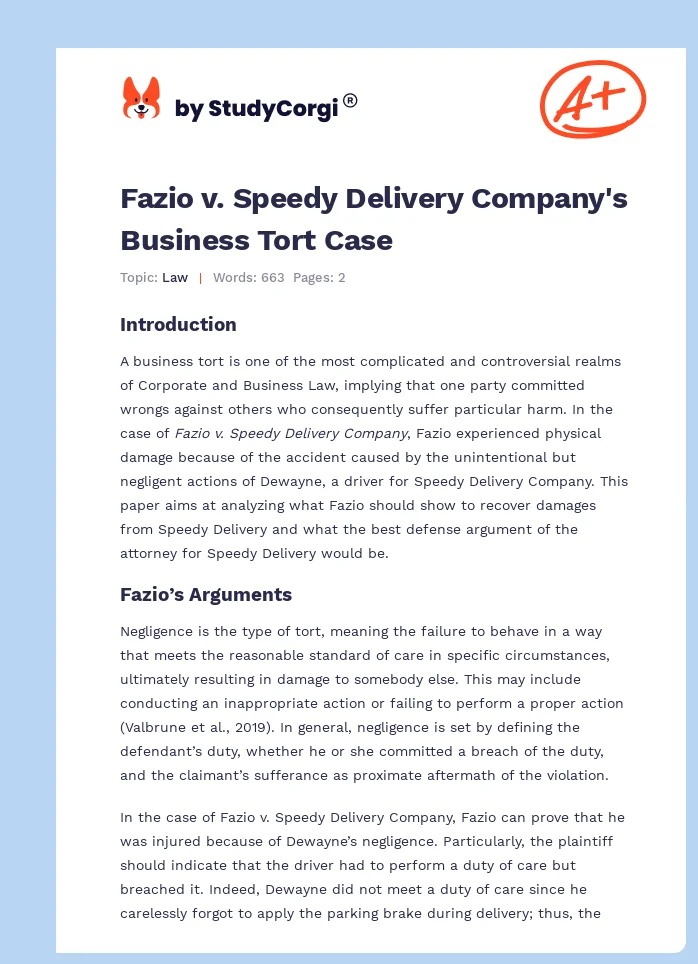 Fazio v. Speedy Delivery Company's Business Tort Case. Page 1
