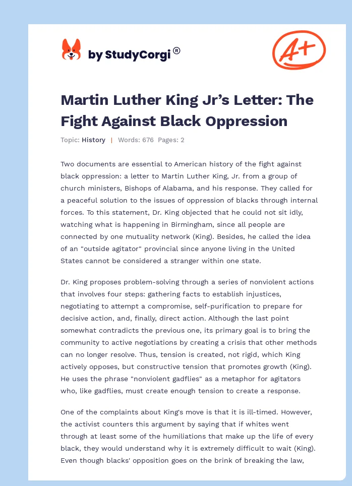 Martin Luther King Jr’s Letter: The Fight Against Black Oppression. Page 1