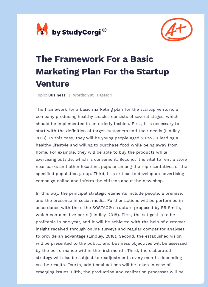 The Framework For a Basic Marketing Plan For the Startup Venture. Page 1