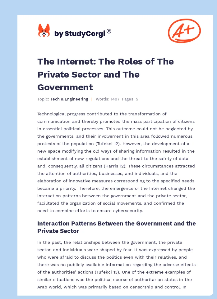 The Internet: The Roles of The Private Sector and The Government. Page 1