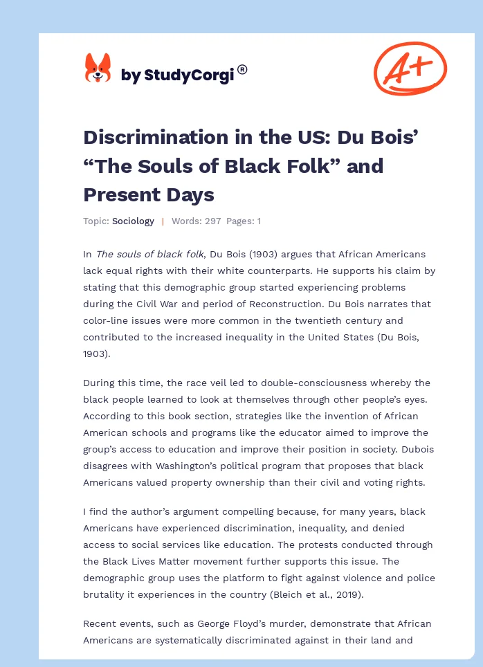 Discrimination in the US: Du Bois’ “The Souls of Black Folk” and Present Days. Page 1