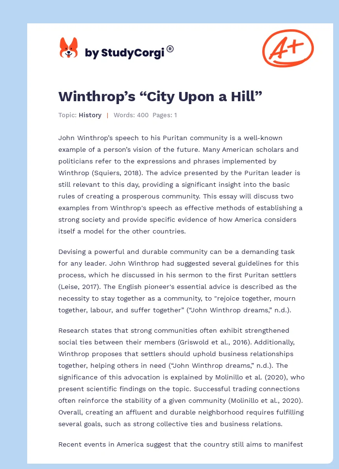 Winthrop’s “City Upon a Hill”. Page 1