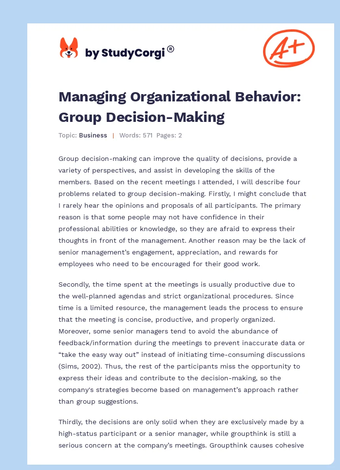 Managing Organizational Behavior: Group Decision-Making. Page 1
